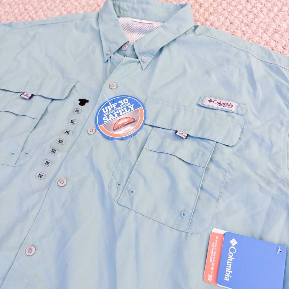 Columbia PFG Bahama II Men's XXL Short Sleeve Button Up Fishing Shirt Light Blue